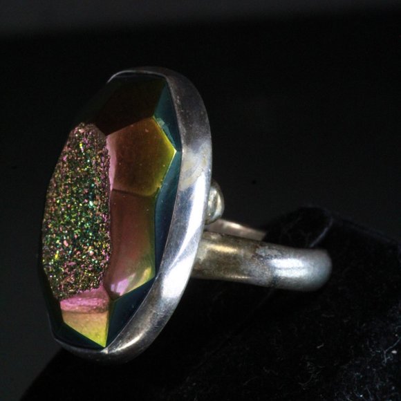 STERLING SILVER OBSIDIAN DRUZY LARGE OVAL SPLIT RING - Picture 3 of 7
